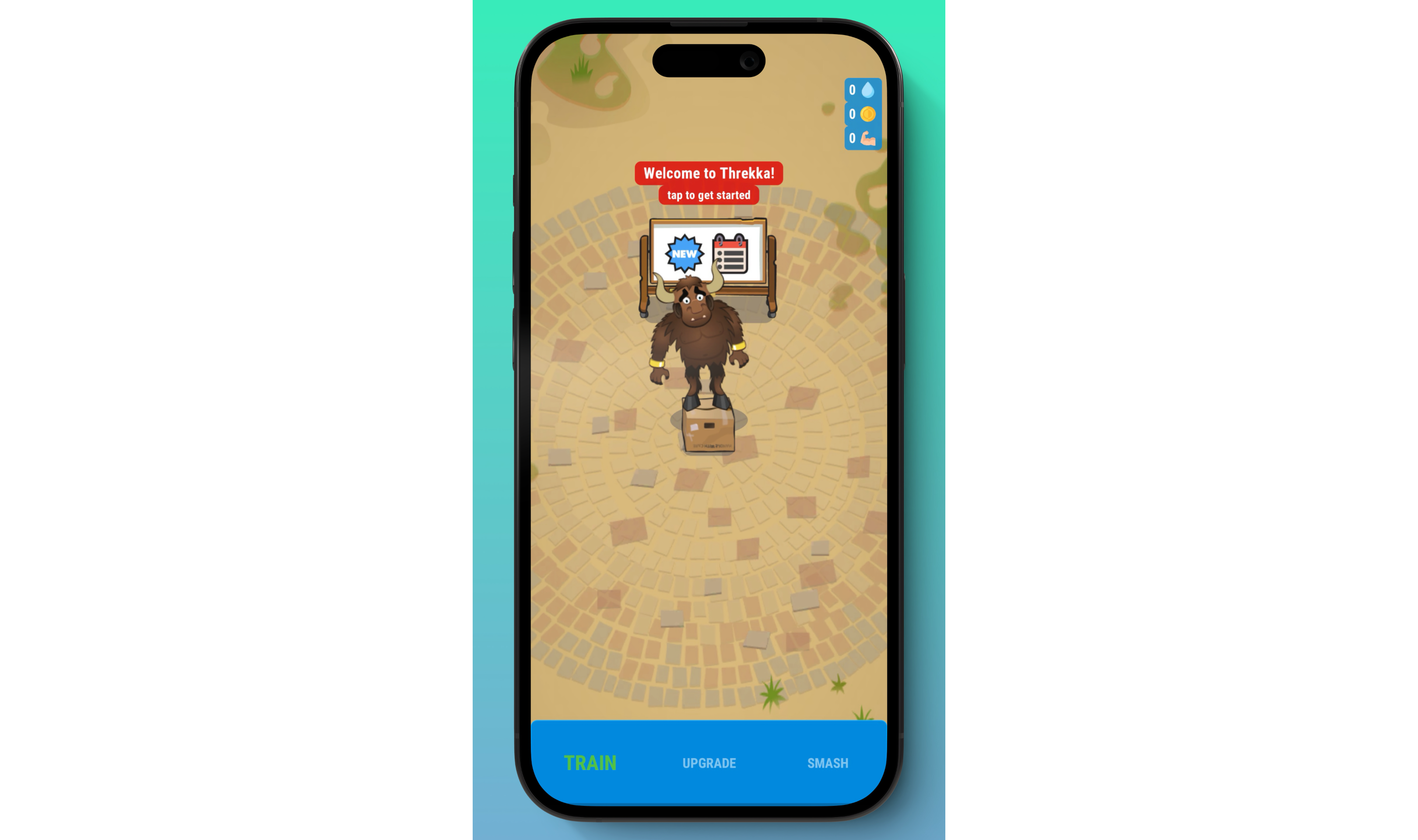 A screenshot of Threkka showing the game's opening screen: a minotaur standing on a box in a sandy arena, with a red prompt reading 'Welcome to Threkka! Tap to get started.'