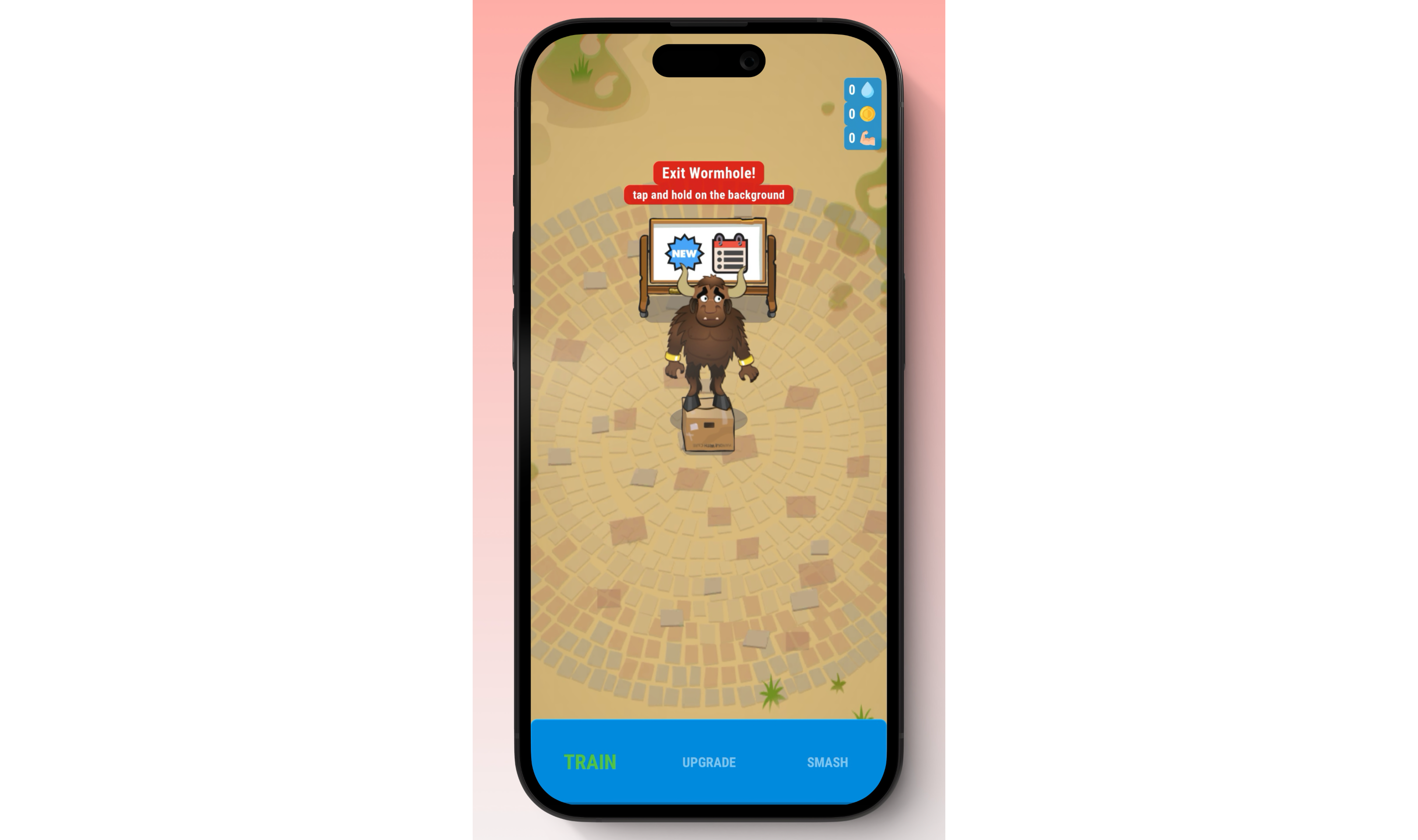 A screenshot of Threkka showing the same arena, now with a red prompt reading 'Exit Wormhole! Tap and hold on the background', introducing the tap-and-hold interaction.